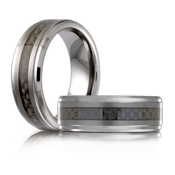 Tungsten carbide band, white-black, carved design.