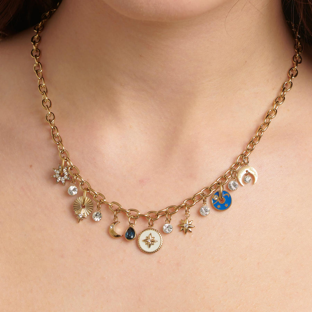 Yellow stainless steel necklace with colorful gemstones.