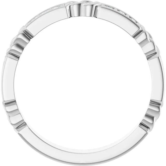 14K white gold band with round diamonds.