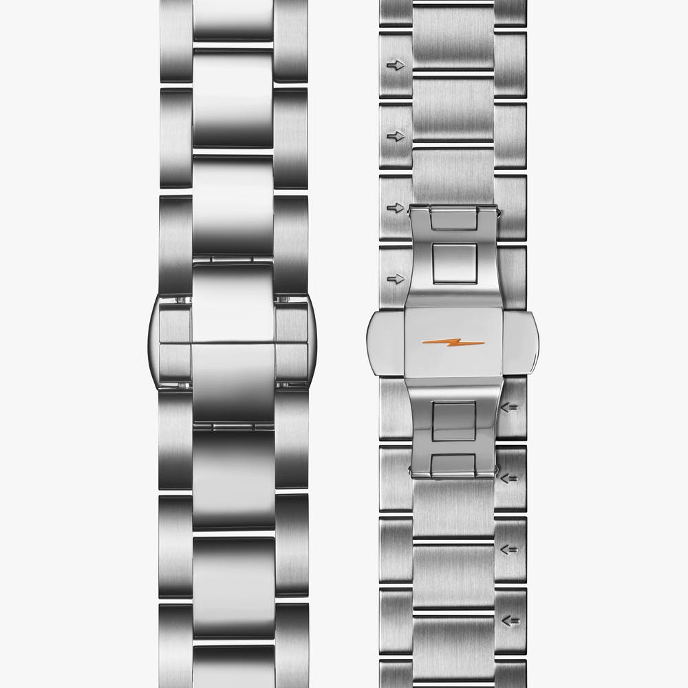 Stainless steel watch band with clasp.
