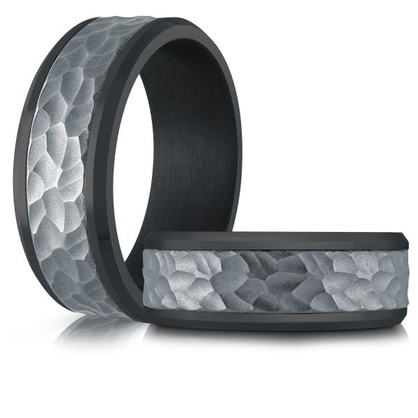 Tantalum band with satin-hammered black-grey finish.