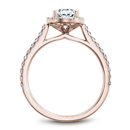 Rose gold diamond halo engagement ring.
