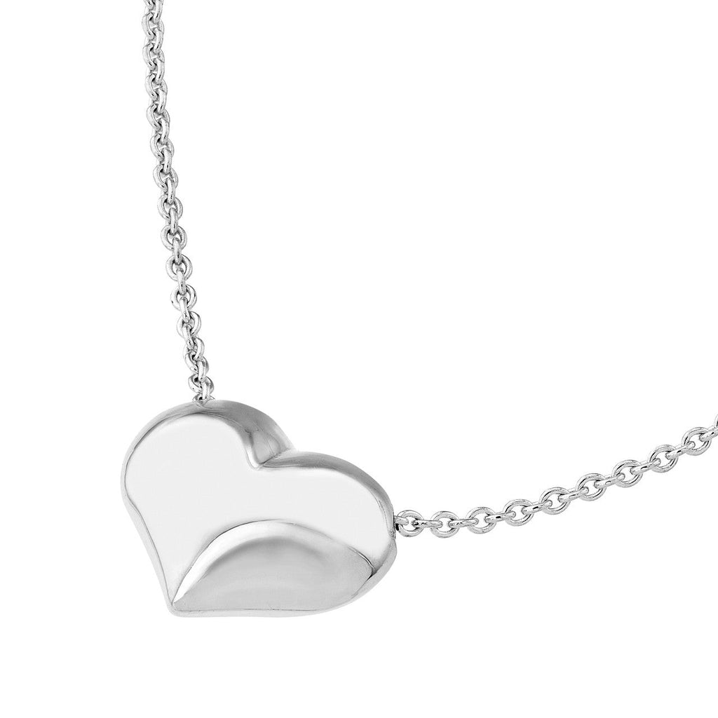14K white gold heart necklace, cable chain.