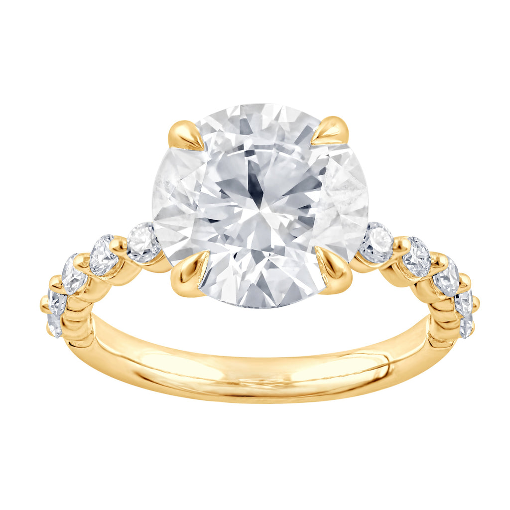 Side Stone Lab-Grown Diamond Complete Engagement Ring in 14 Karat Yellow with 1 Round Lab Grown Diamond, Color: F, Clarity: VS2, totaling 3.47ctw (Yellow Gold)