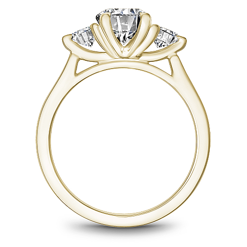 Three-stone yellow gold diamond engagement ring.