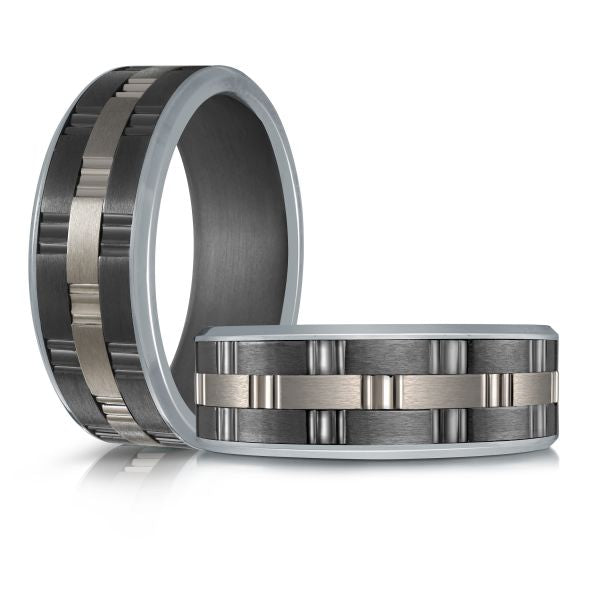 Tantalum titanium carved band, black grey design.