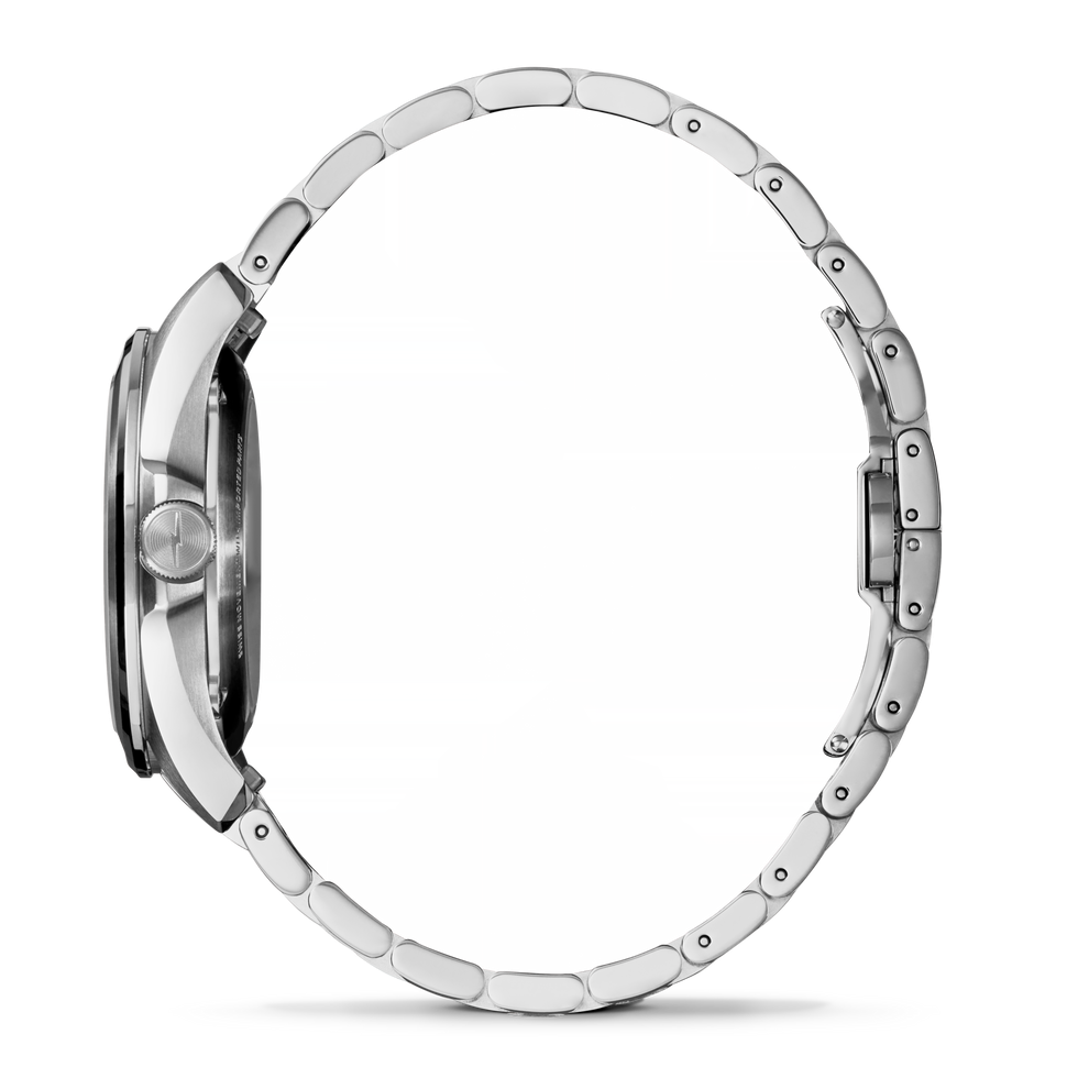 Stainless steel watch with side profile view.