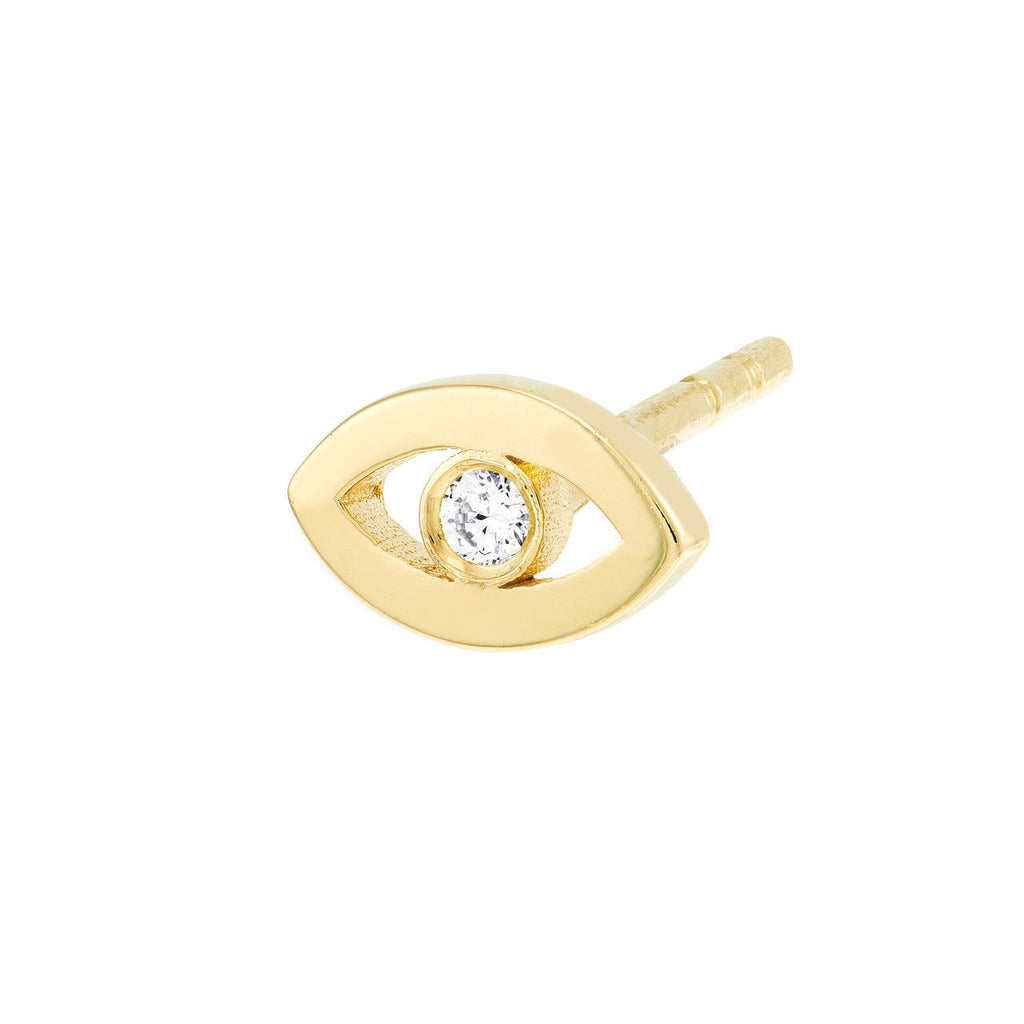 Yellow gold eye-shaped stud with diamond.