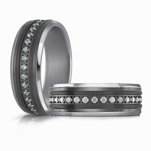 Tantalum band with round diamond accents.