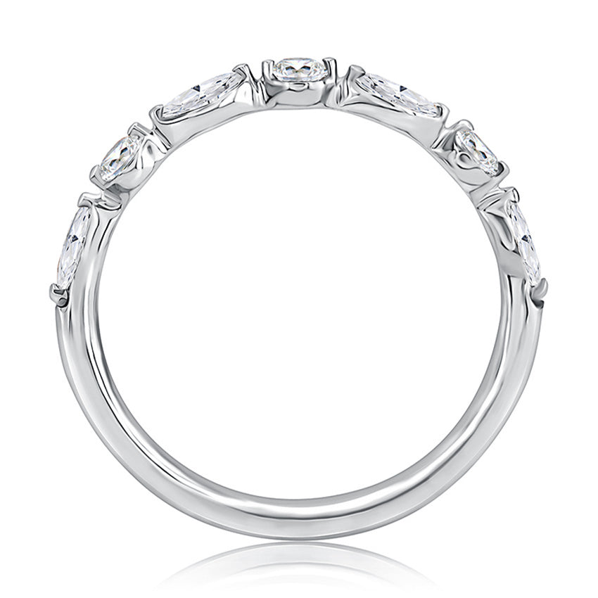 Rose gold band with various shaped diamonds.