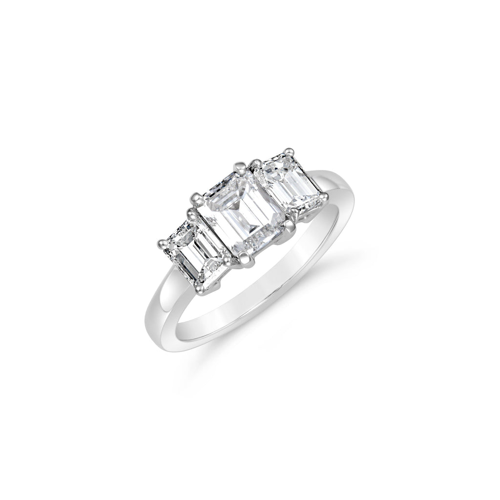 Emerald-cut diamond ring in white gold.