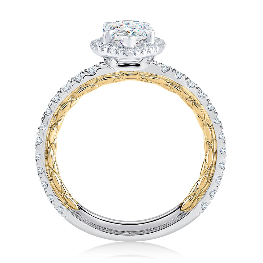 Halo diamond ring, white gold, intricate band design.