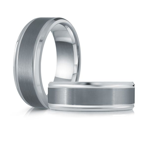 Tantalum white-grey carved men's band.