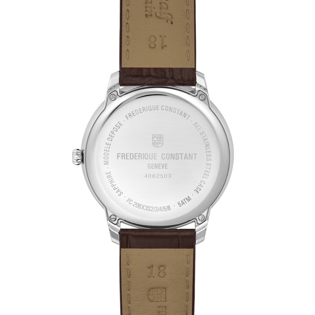 Stainless steel watch with brown calfskin band.