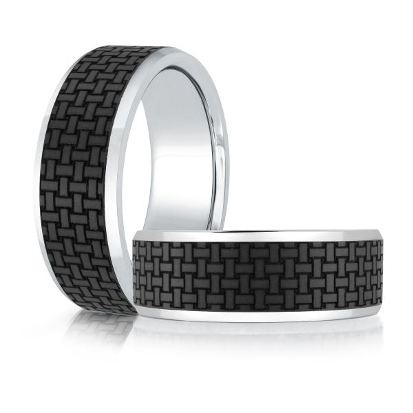Carbon fiber band with white metal edges.