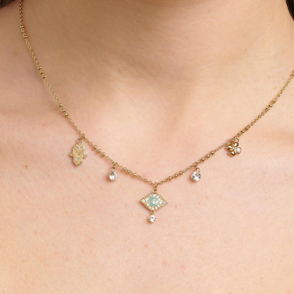 Yellow stainless steel necklace with charms.