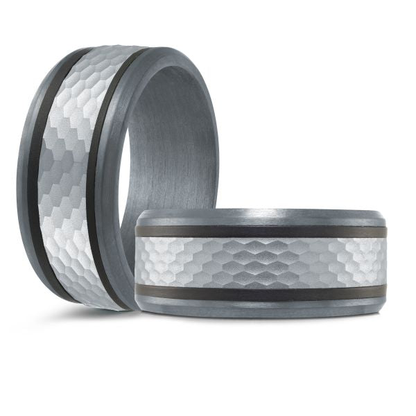 Tantalum white-black carved band, satin-hammered finish.
