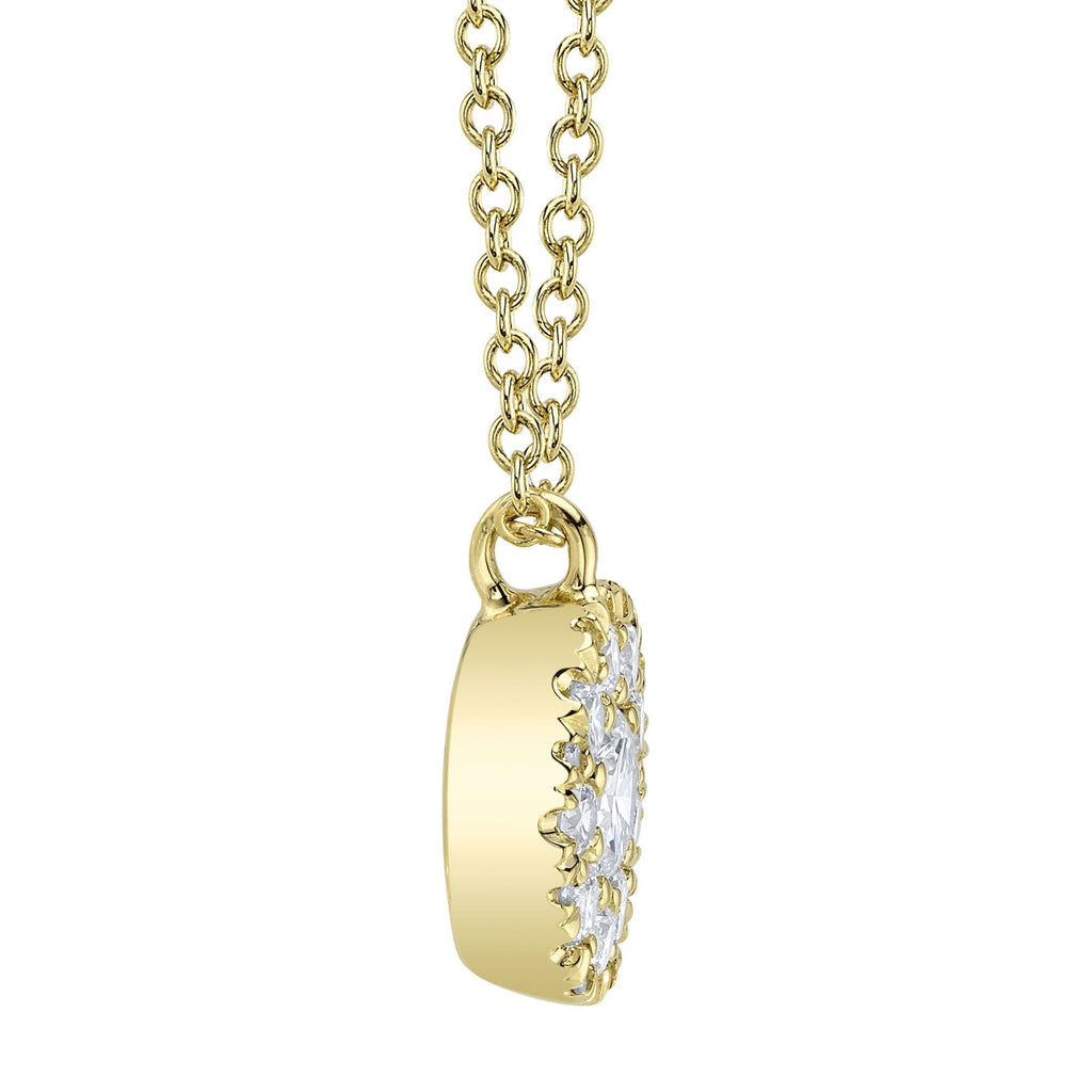 Yellow gold necklace with diamond circle pendant.