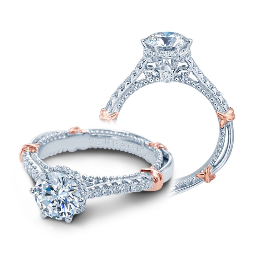 White and rose gold diamond halo ring.