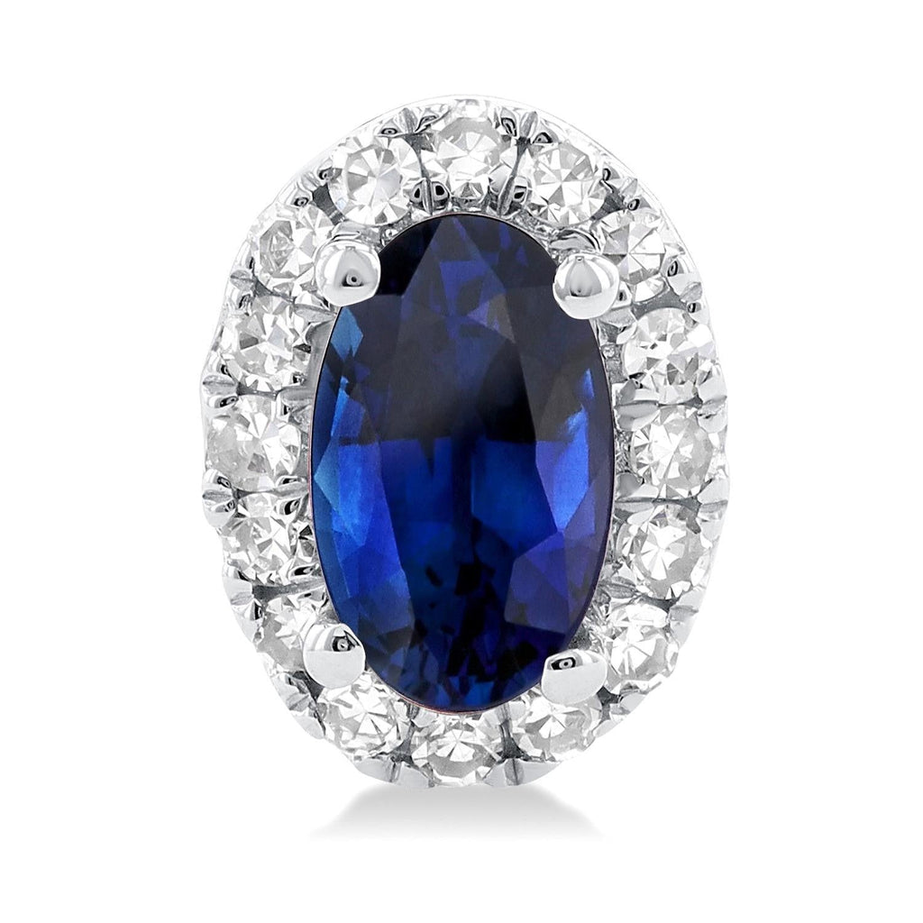 Oval sapphire with diamond halo setting.