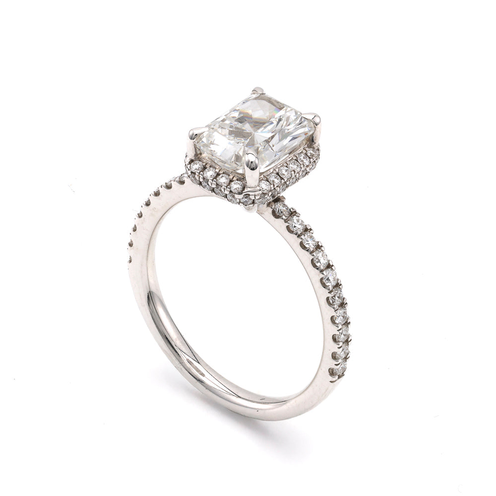 Halo engagement ring with lab-grown diamonds.