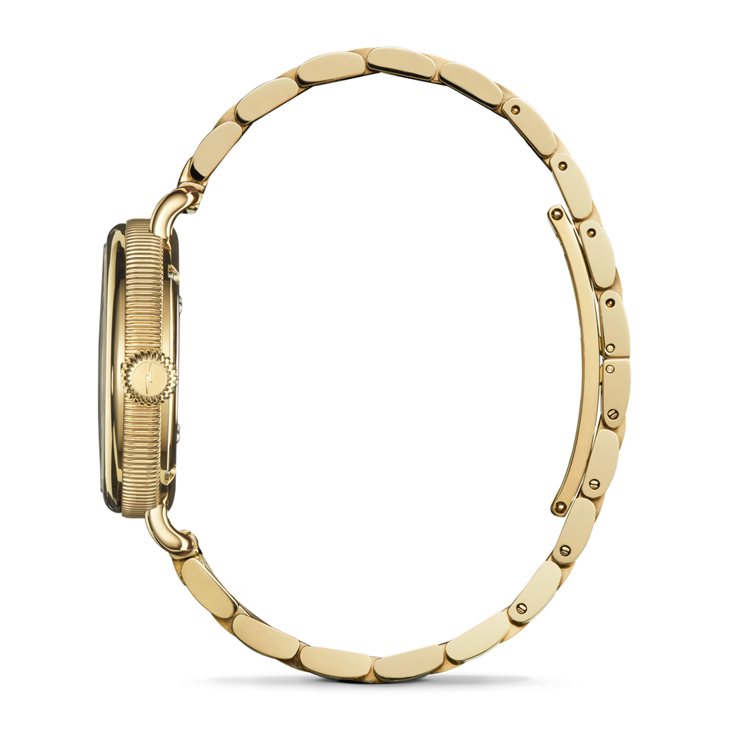 Gold-tone stainless steel watch with textured bezel.