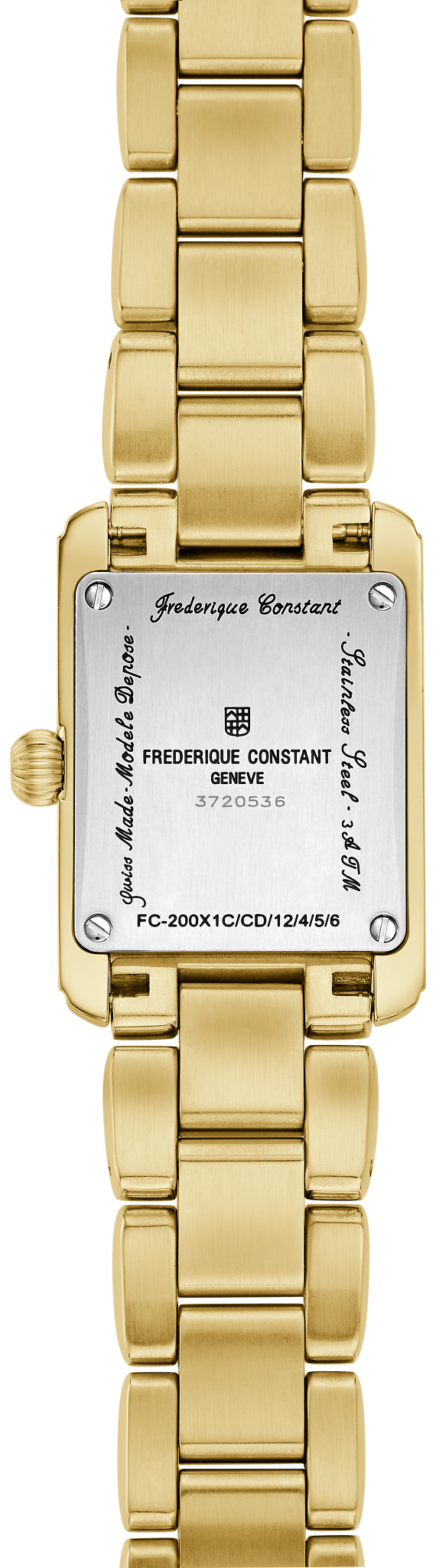 Gold stainless steel watch back and bracelet.