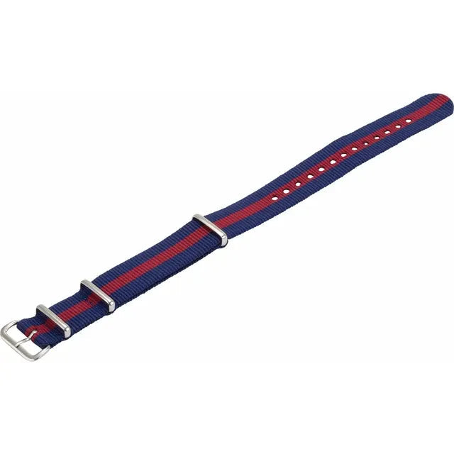 Blue and red striped nylon watch band.