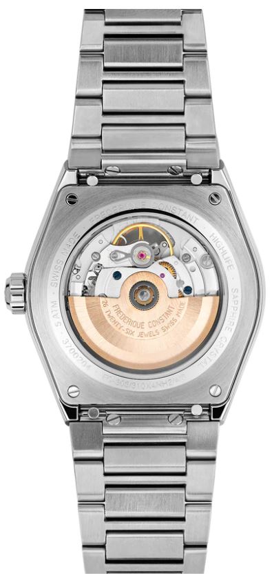 Stainless steel watch with visible movement.