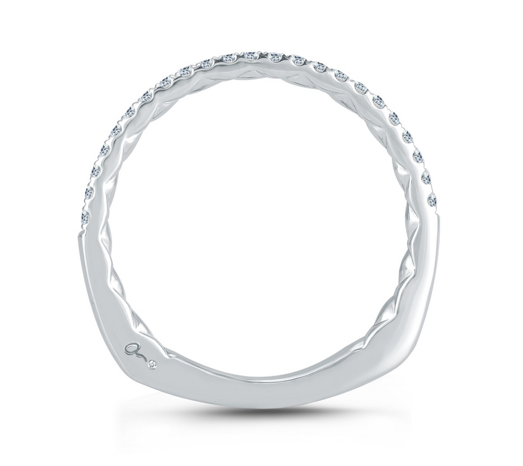 14K white gold band with round diamonds.