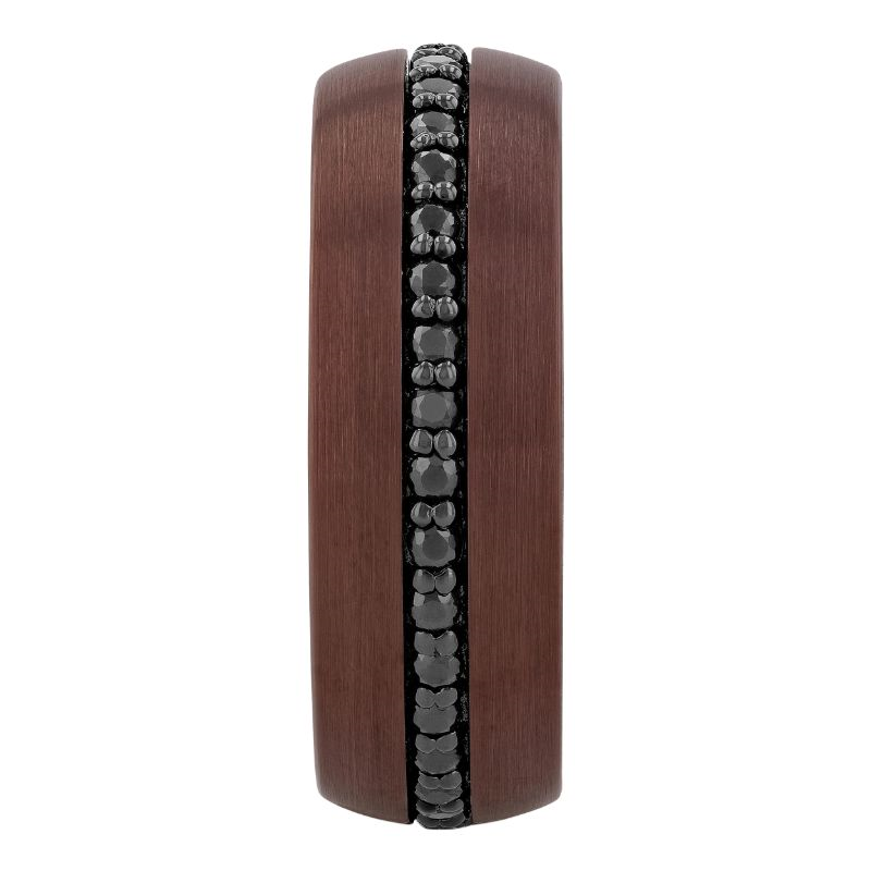 Bronze tungsten band with black gemstones.