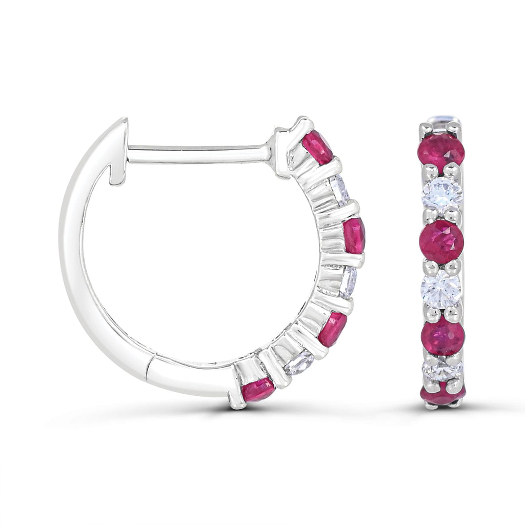 14K white gold hoops, rubies, diamonds.