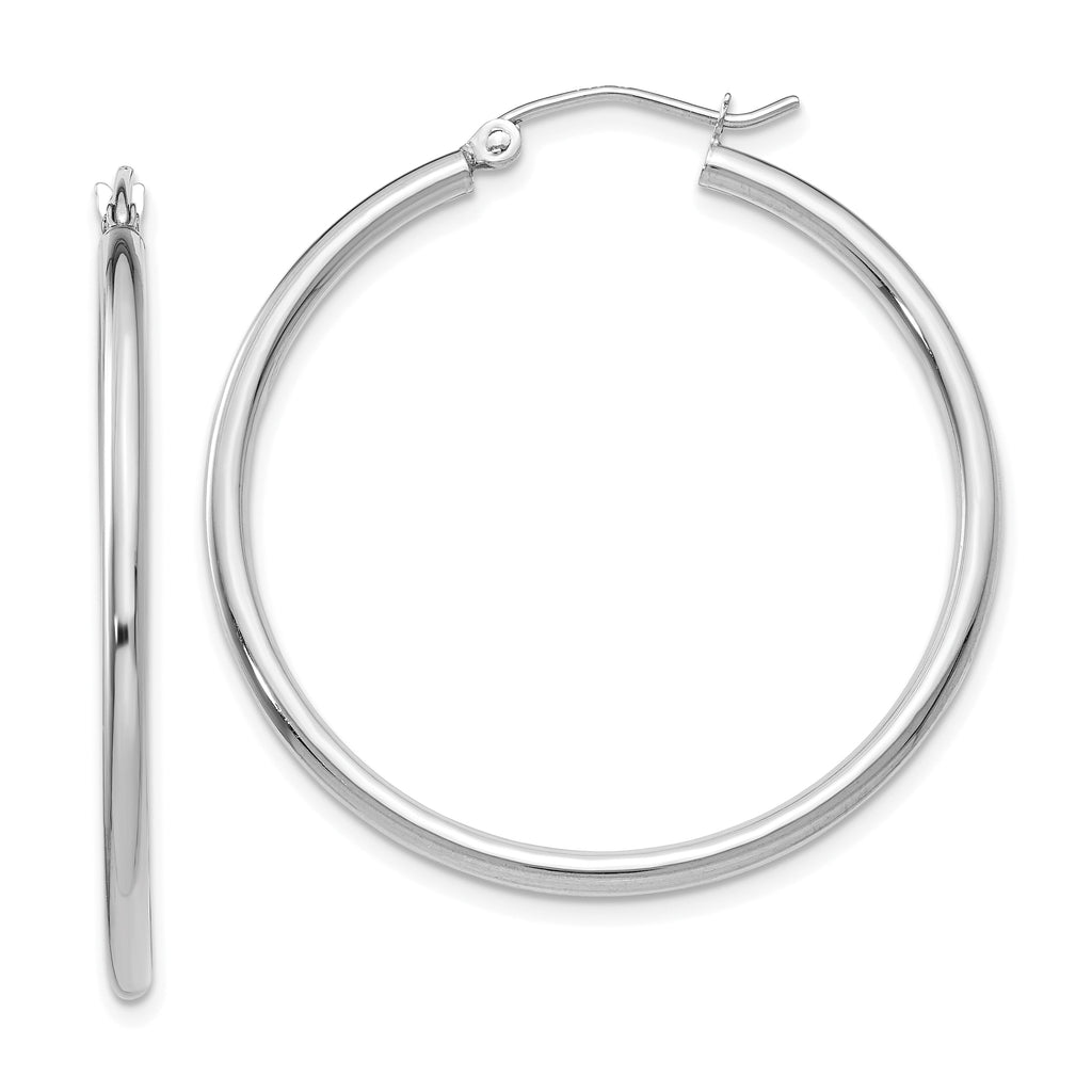 14K white gold polished hoop earrings.