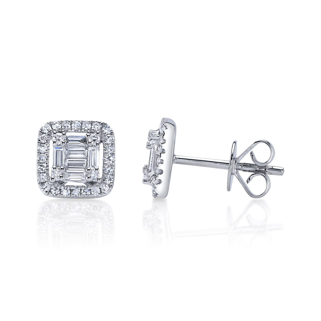Square diamond stud earrings in white gold.