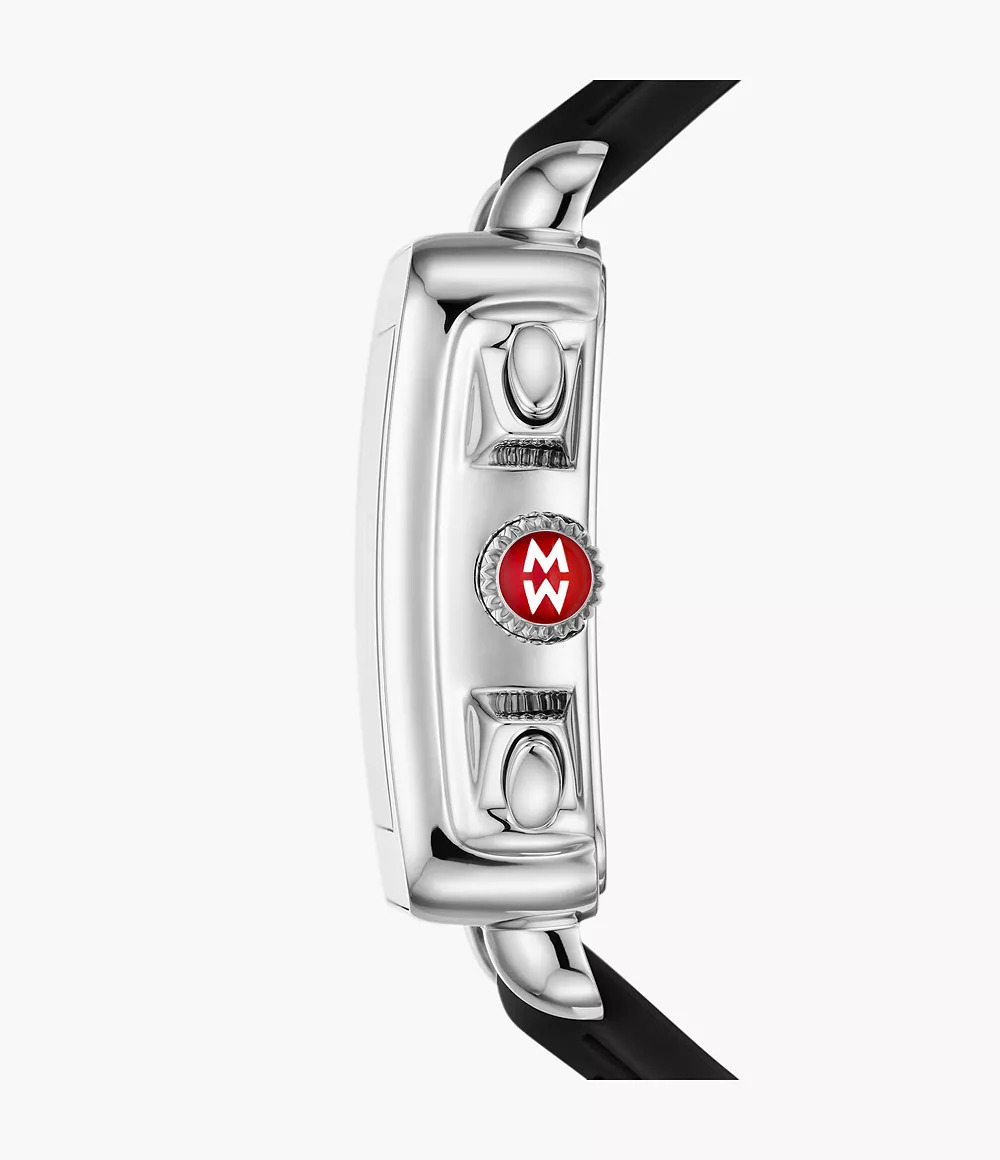 Stainless steel watch with red crown.