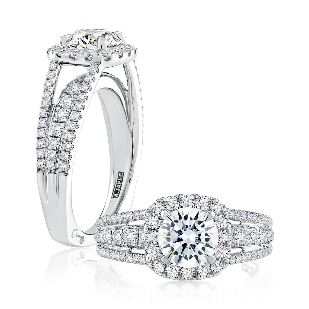 Halo diamond ring in white gold.