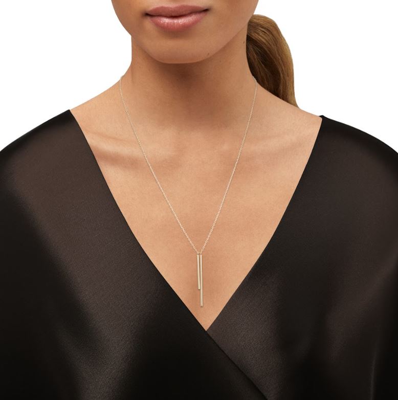 14K yellow gold pendant necklace on model.