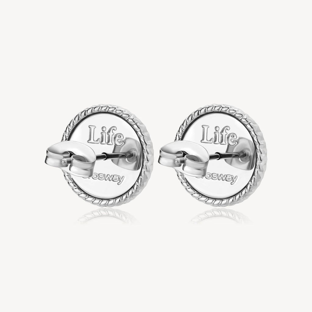 Stainless steel stud earrings with rope edge.