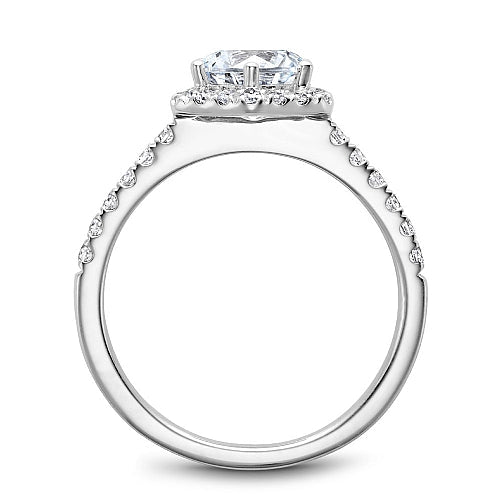 Halo diamond ring in white gold setting.