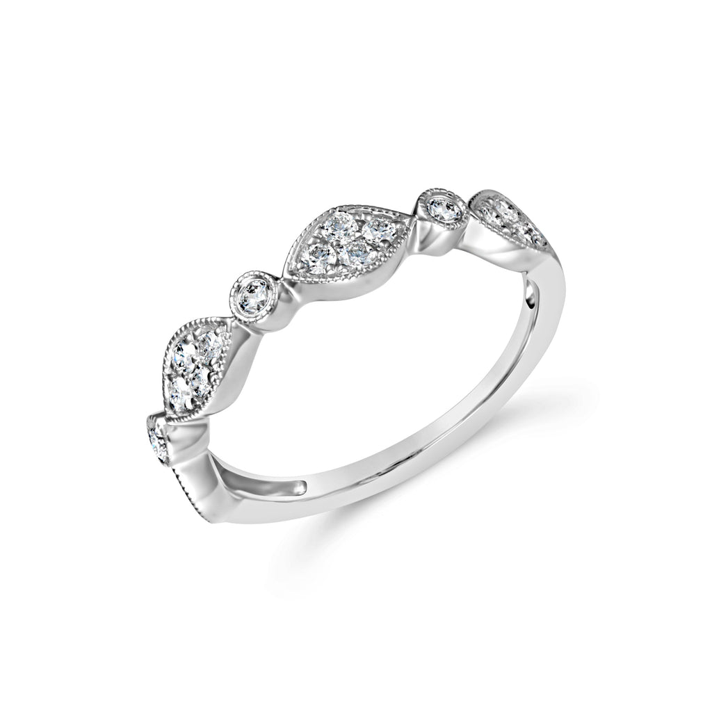 Stackable white gold band with round diamonds.