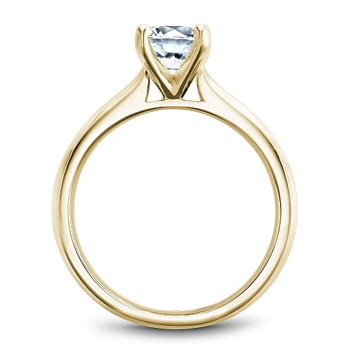 Yellow gold solitaire semi-mount engagement ring.