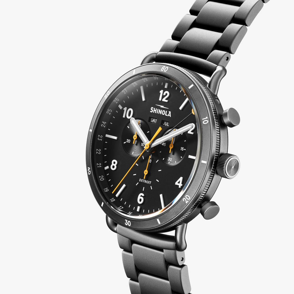 SHINOLA black dial chronograph watch, stainless steel bracelet.