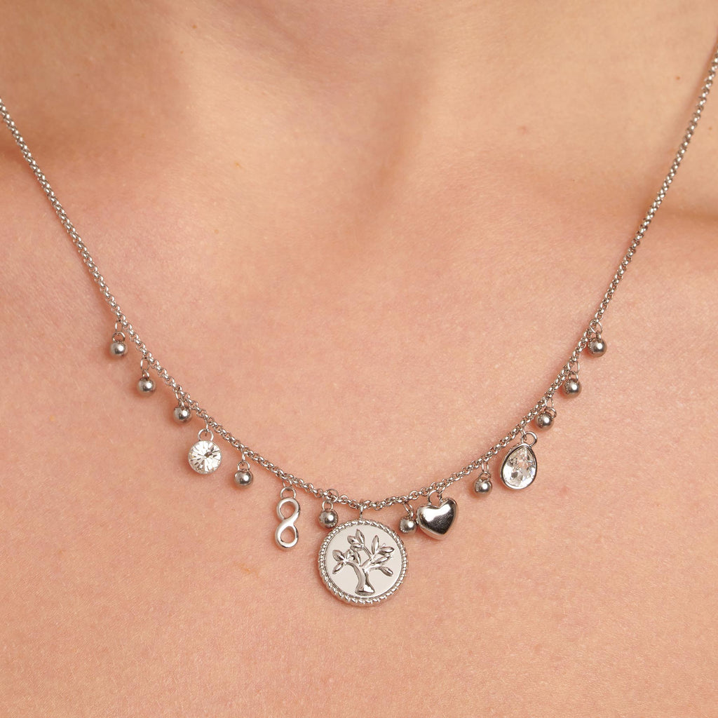 Simulated diamond necklace with charms.