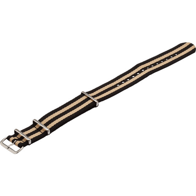 Black and beige striped nylon watch band.
