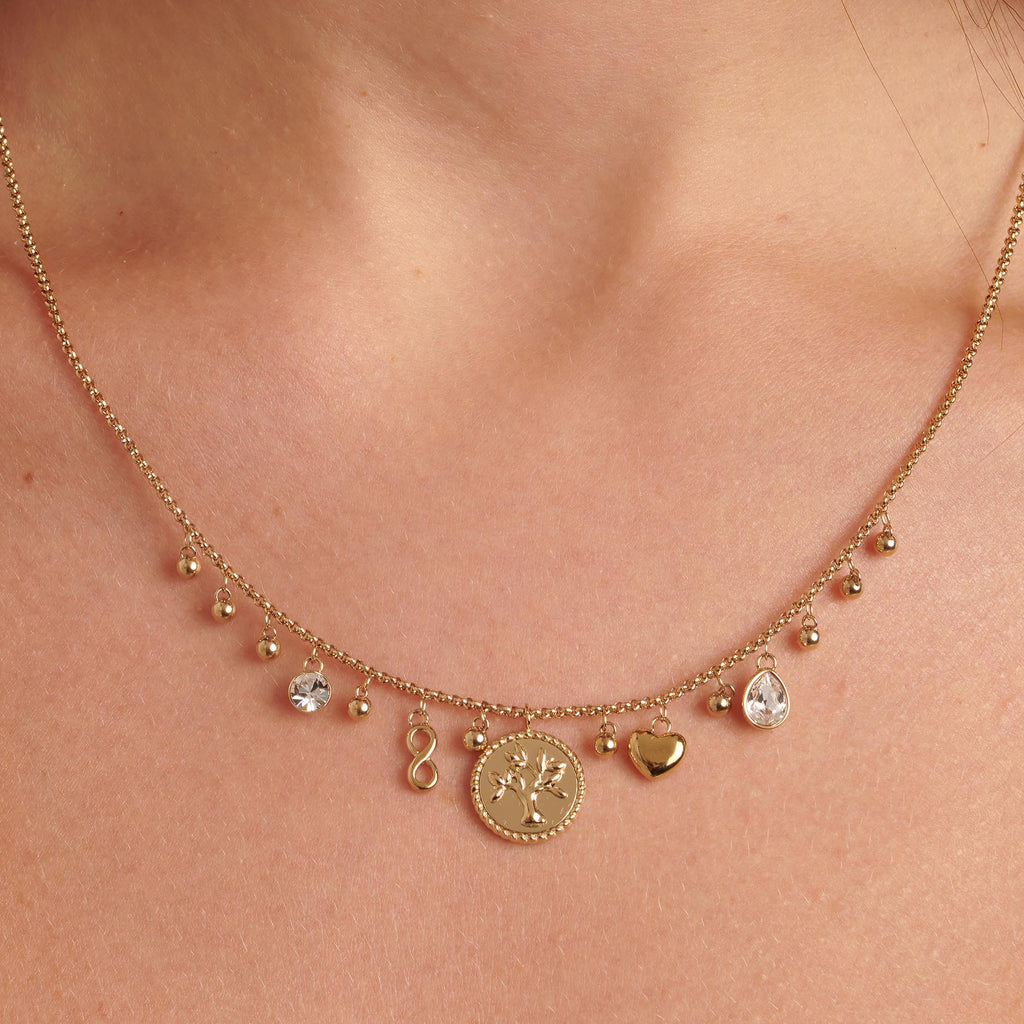 Yellow stainless steel necklace with charms.