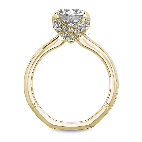 Yellow gold ring with diamond pavé accents.
