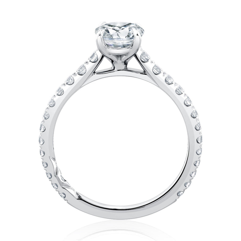 Diamond-studded white gold engagement ring.