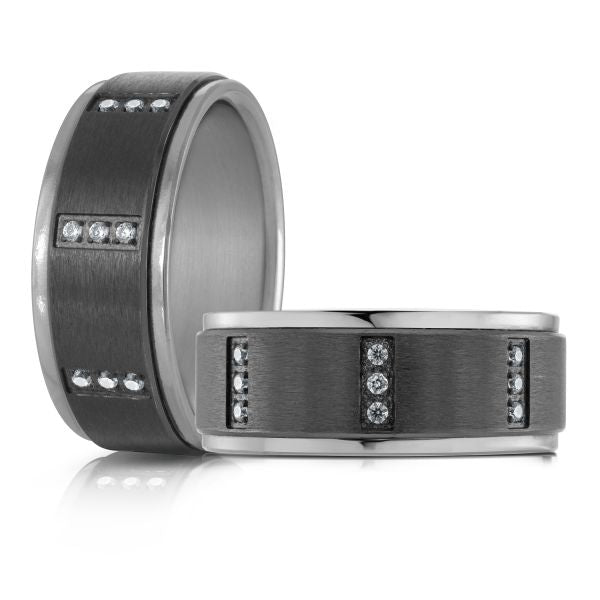 Tantalum band with diamond accents, black-white design.