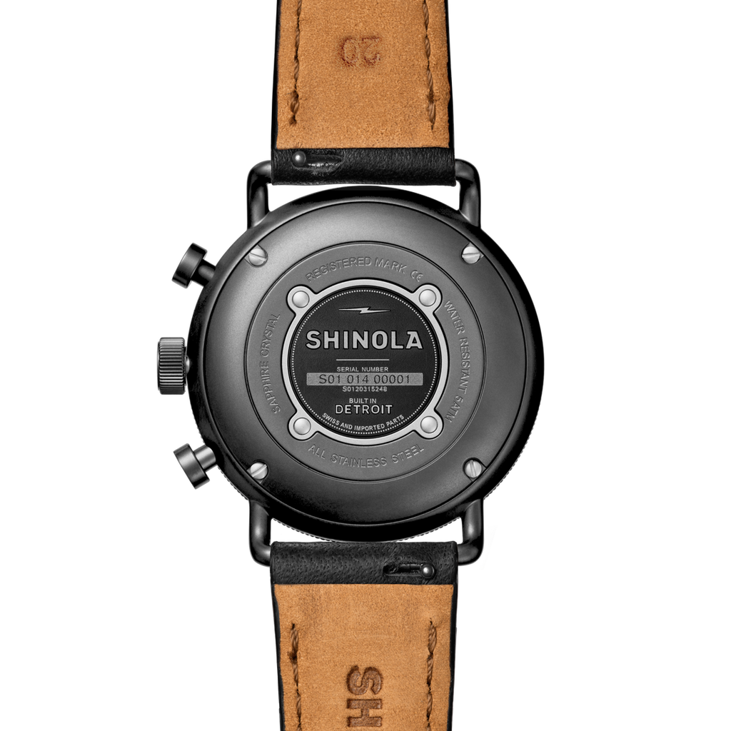 Black stainless steel watch back with leather strap.