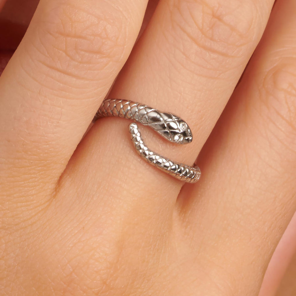 Snake-shaped stainless steel ring on finger.